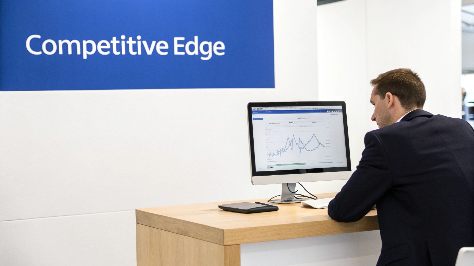 A businessman reviews data on a computer screen under a 'Competitive Edge' sign.