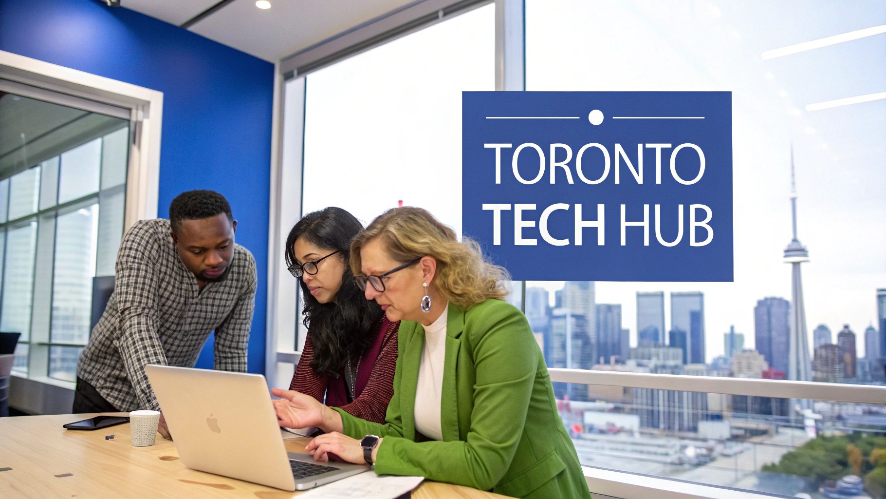 A bustling Toronto cityscape with modern skyscrapers, representing the city's thriving tech industry.