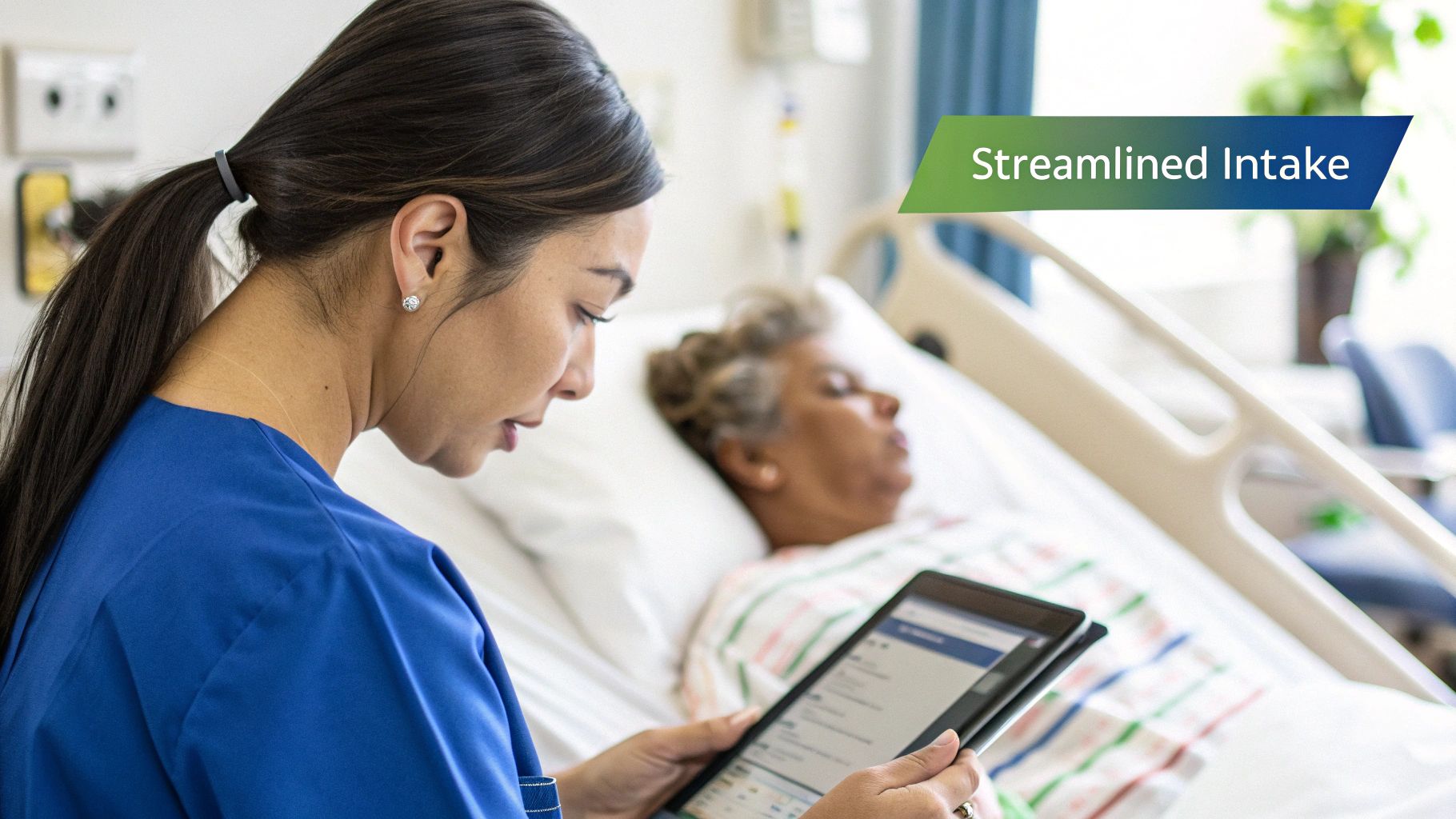 A medical professional using a tablet to manage patient data in a modern clinic setting.