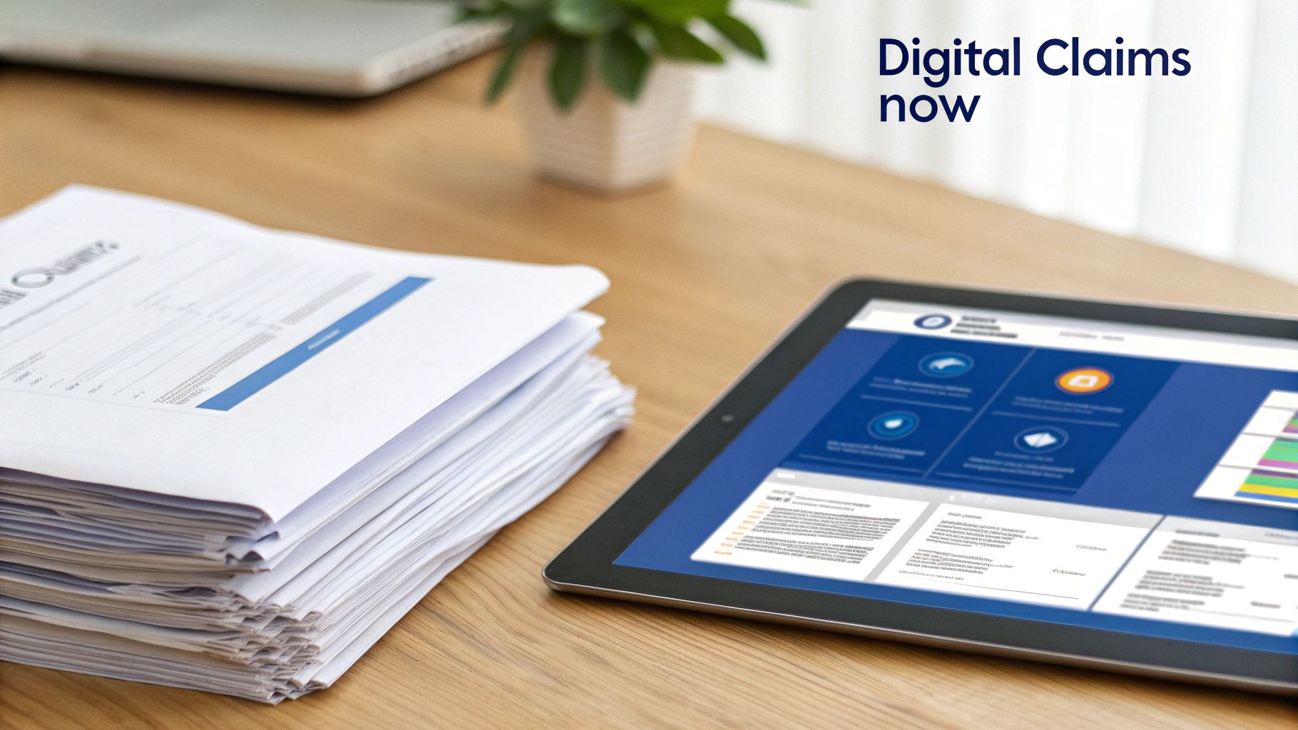 A stack of paper claims next to a tablet showing a digital claims management system on a wooden desk.