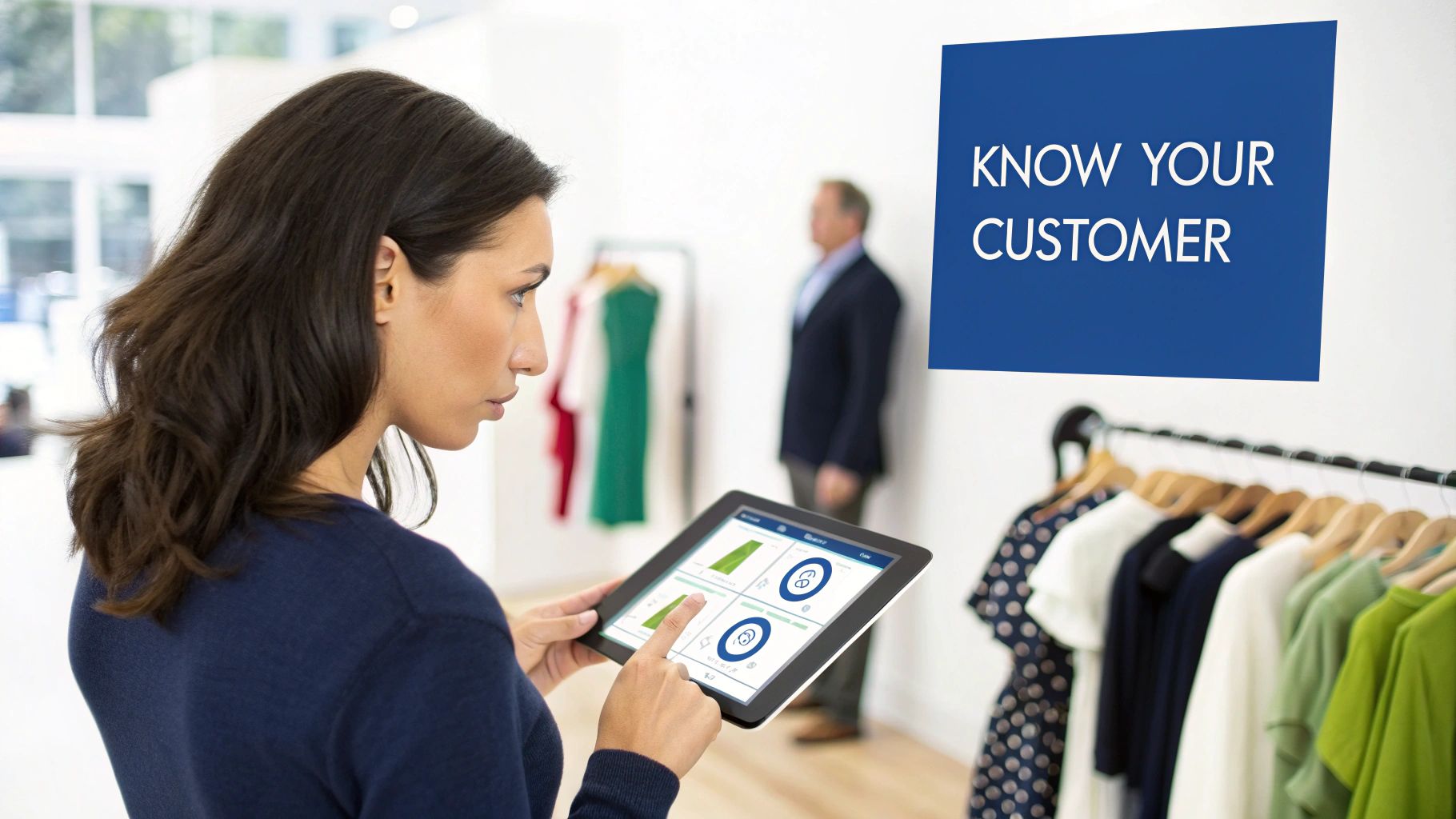 A woman uses a tablet displaying customer analytics in a retail store with a 'KNOW YOUR CUSTOMER' sign.
