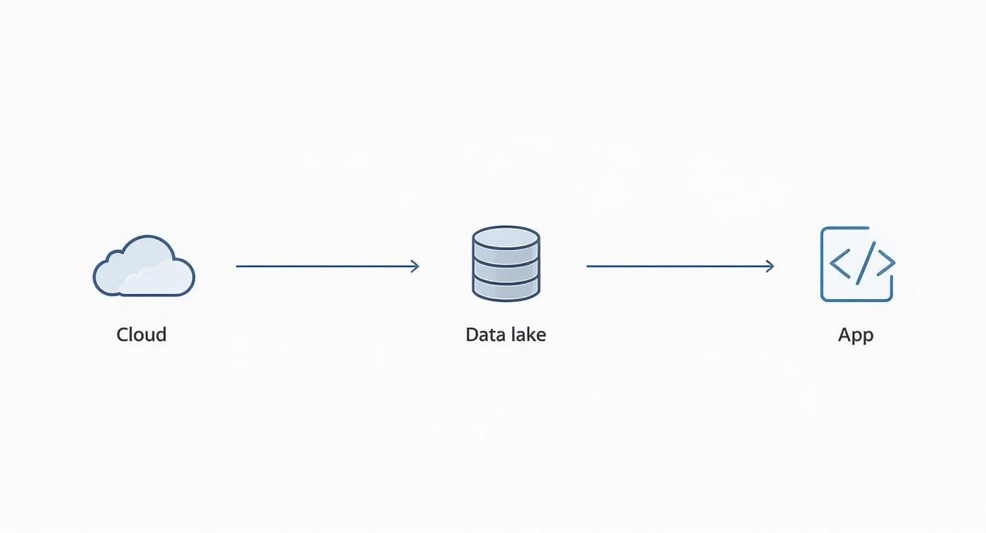 Cloud computing data flow diagram showing data lake architecture connecting to application