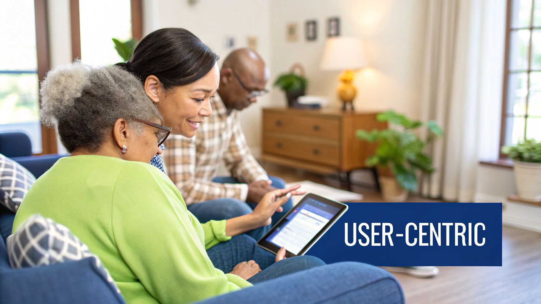A compassionate healthcare professional showing a patient information on a tablet.