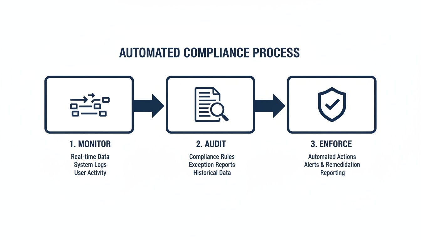 Flowchart detailing an automated compliance process with steps: monitor, audit, and enforce actions.