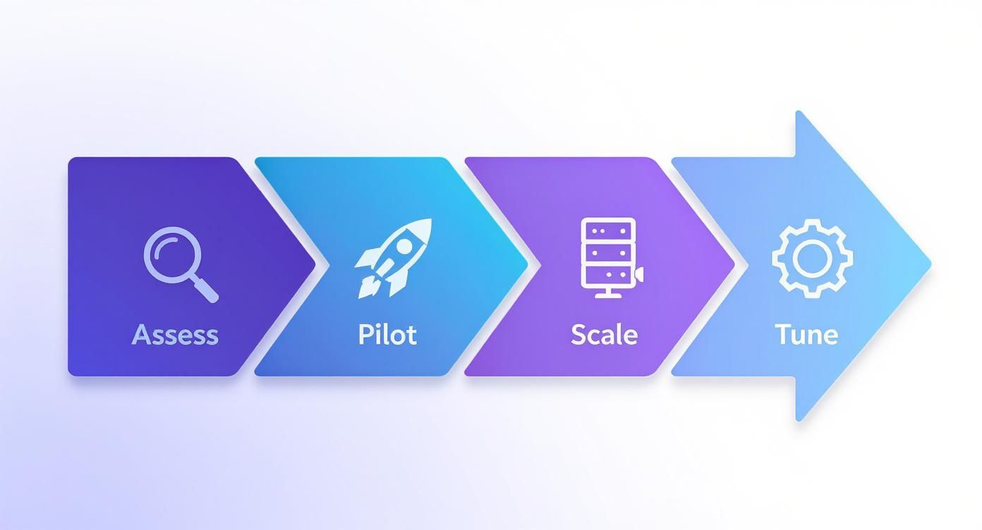 A four-step process flow diagram showing Assess (magnifying glass), Pilot (rocket), Scale (servers), and Tune (gear) icons.