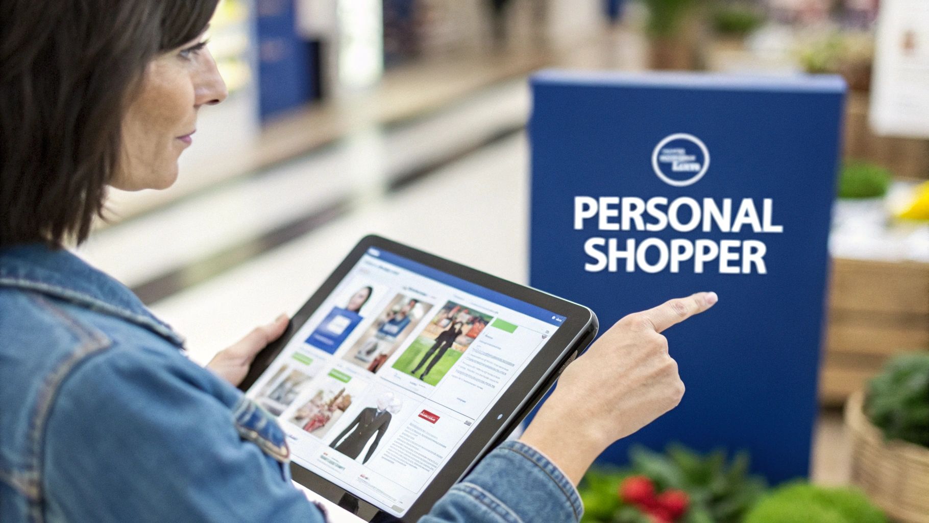 A woman using a tablet to browse products, with a 'Personal Shopper' sign behind her.