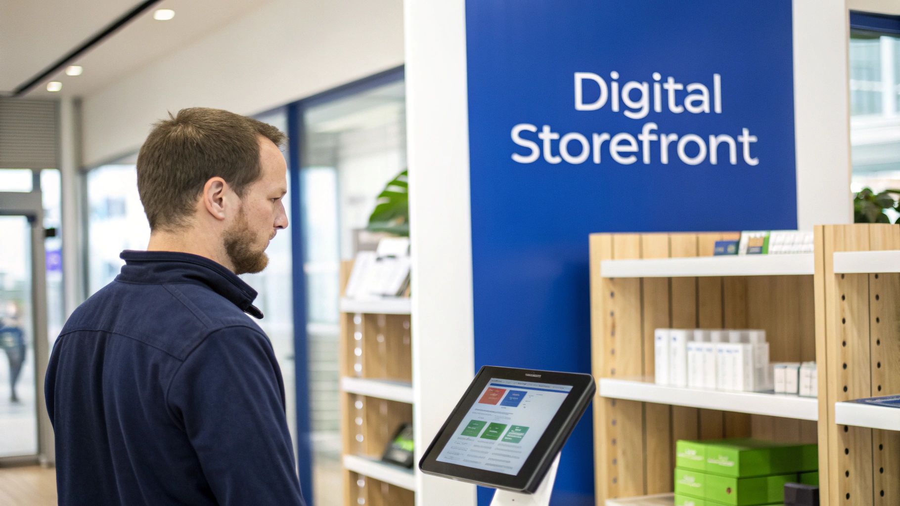 Man views a digital storefront tablet display with shelves of products in a retail store.