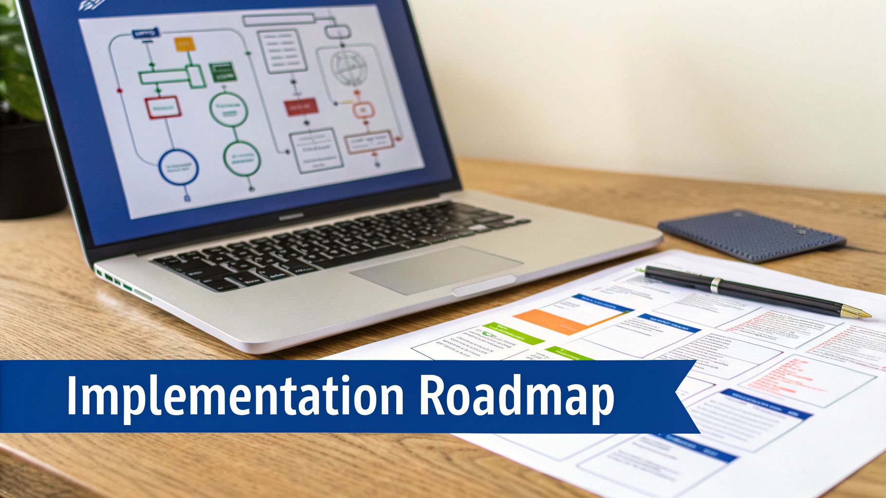 A laptop displaying a flowchart diagram, a document with an implementation roadmap, and a pen on a wooden desk.