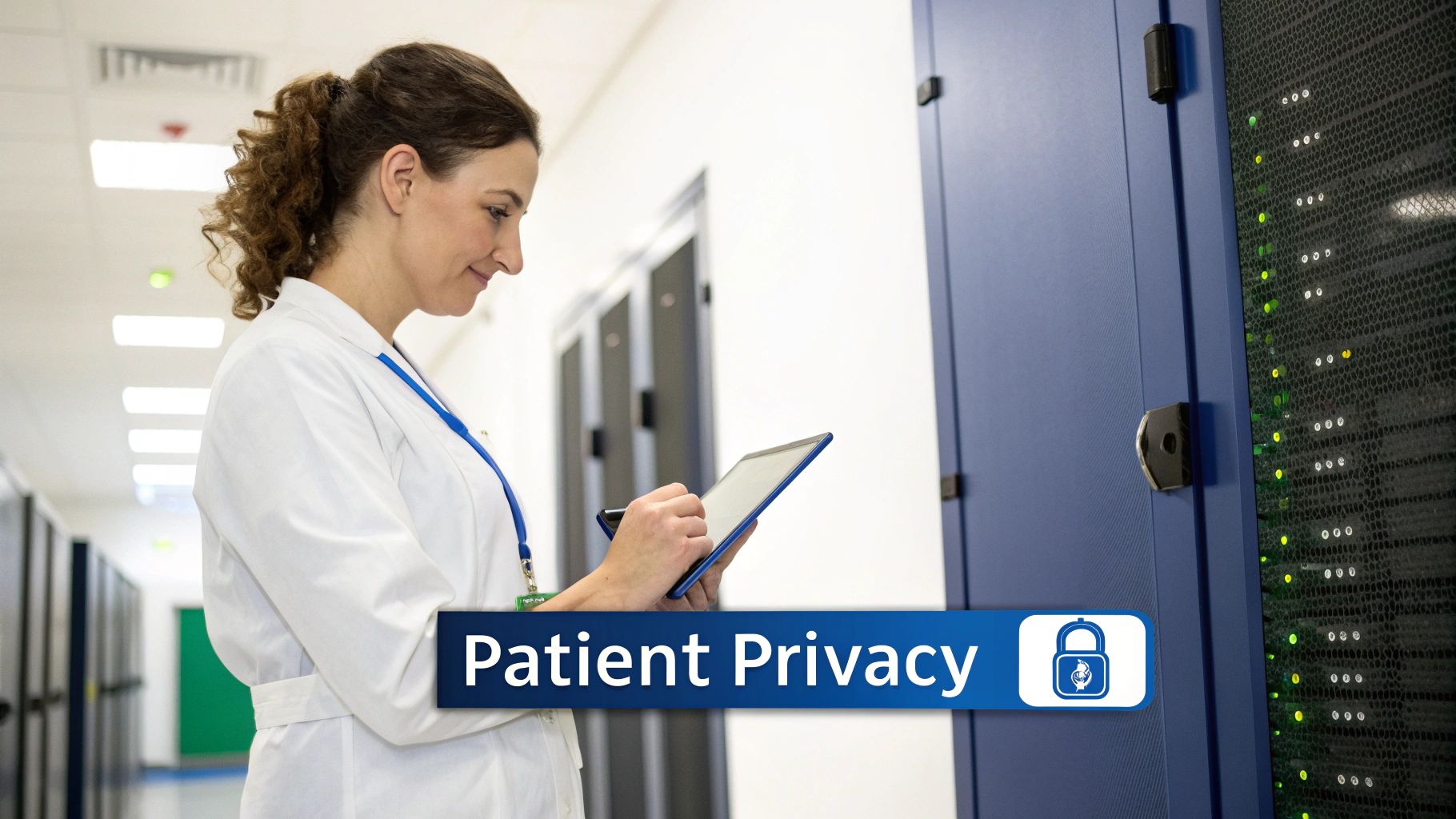 A padlock icon overlaid on a digital representation of health data, symbolizing security and compliance.