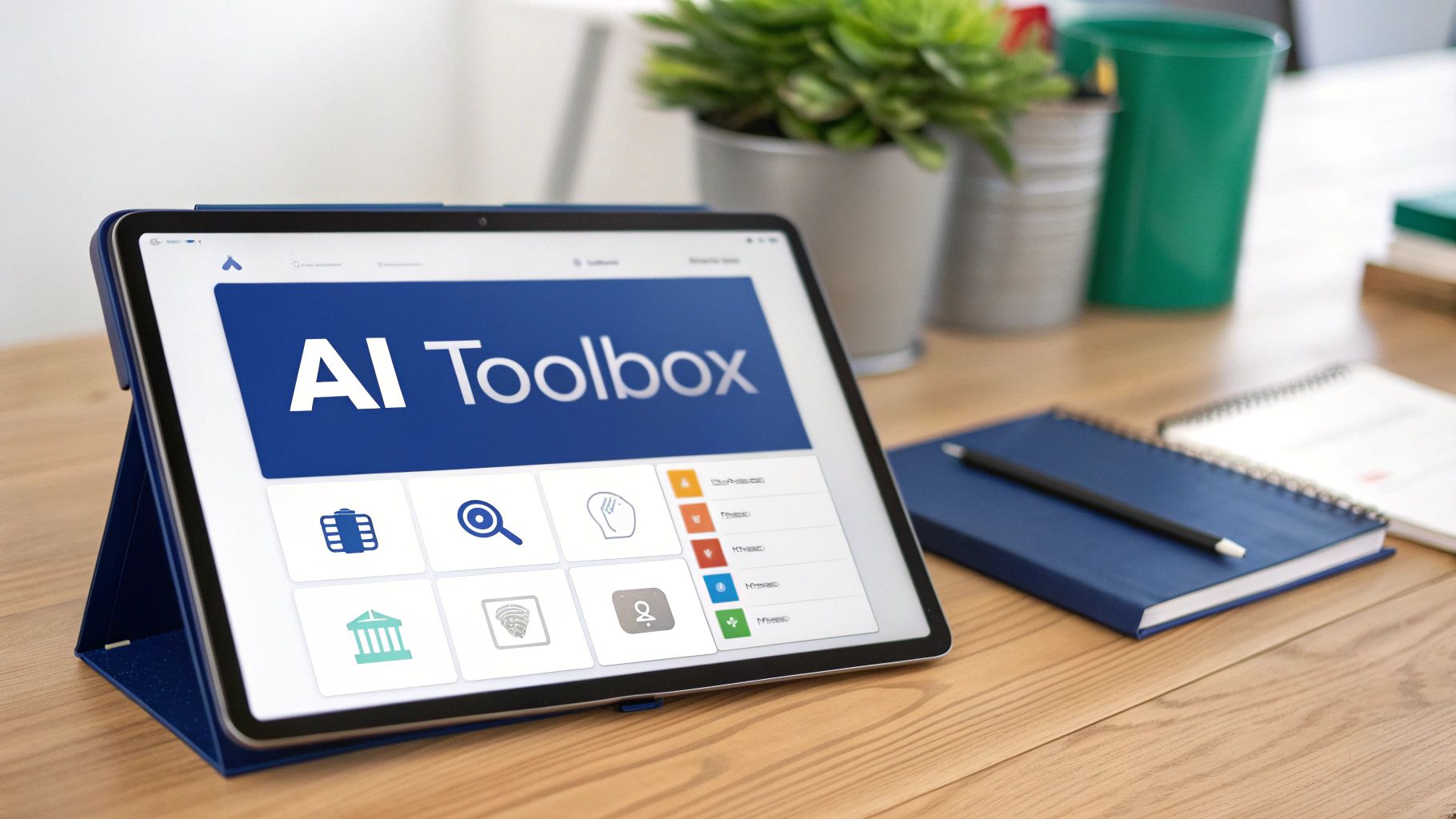 An AI Toolbox application displayed on a tablet screen on a wooden office desk.