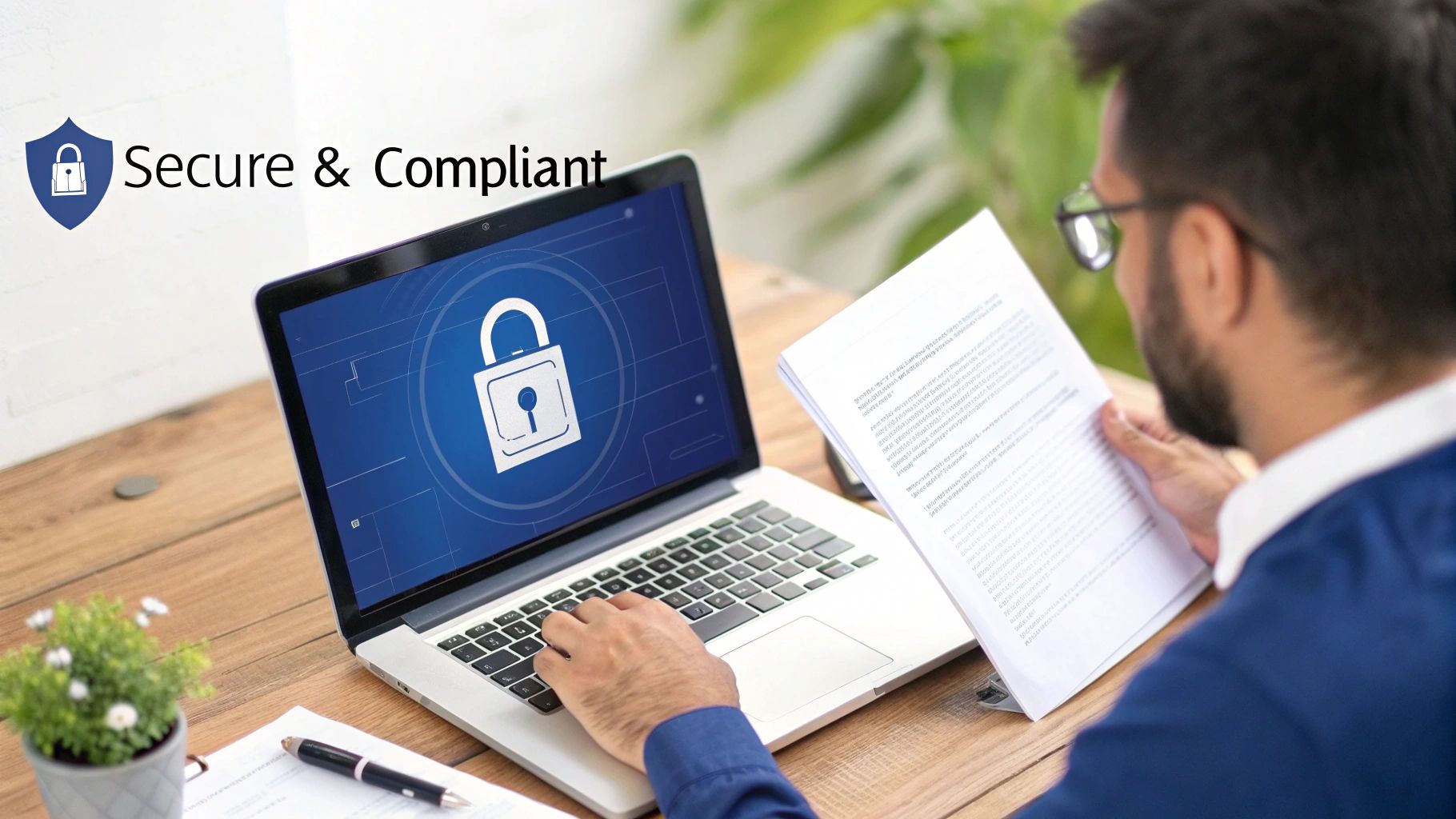 Man reviewing documents and using a laptop displaying a digital security padlock icon, with 'Secure & Compliant' text.