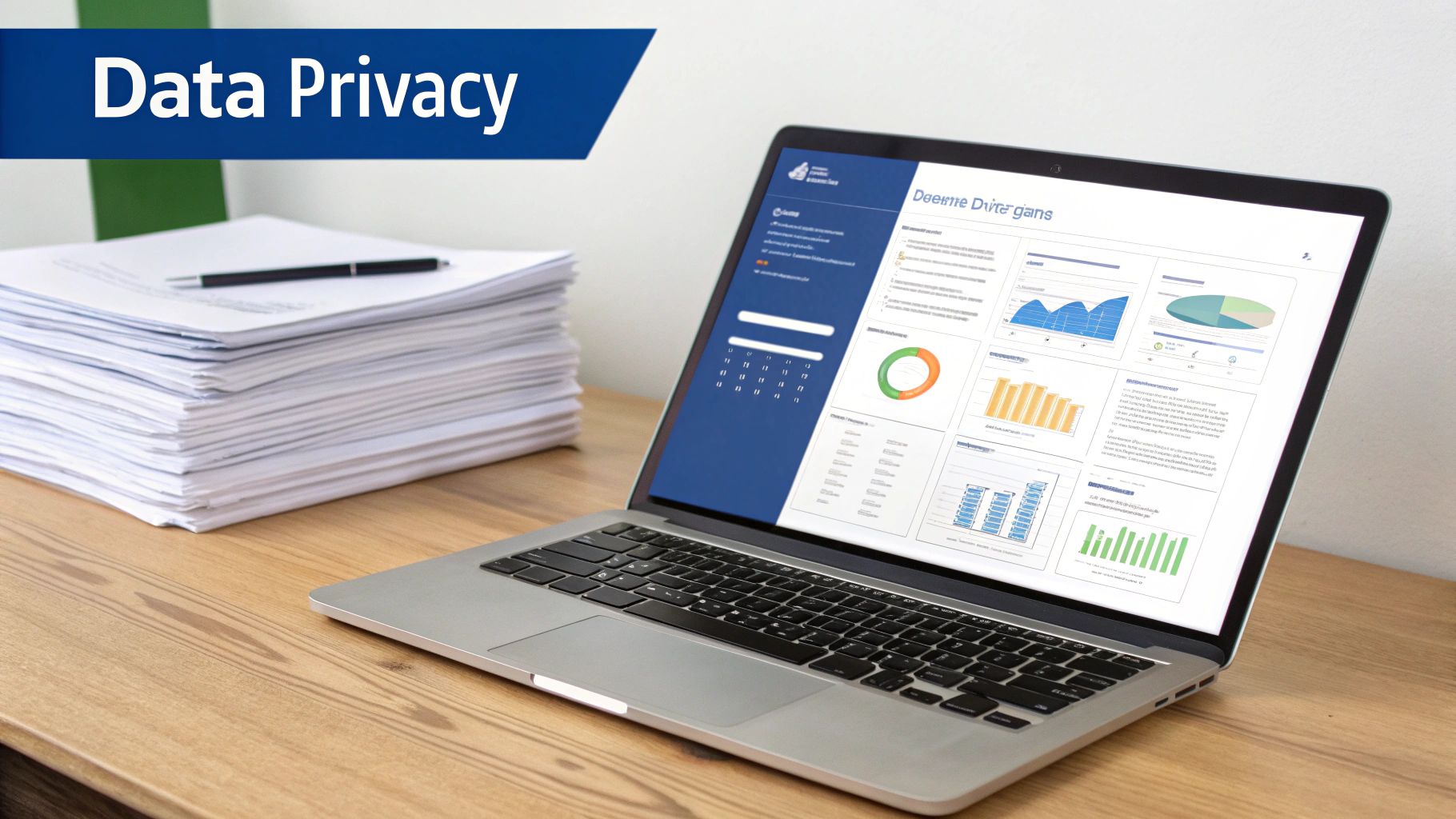 A laptop displaying data privacy dashboards and charts next to a stack of papers and a pen.
