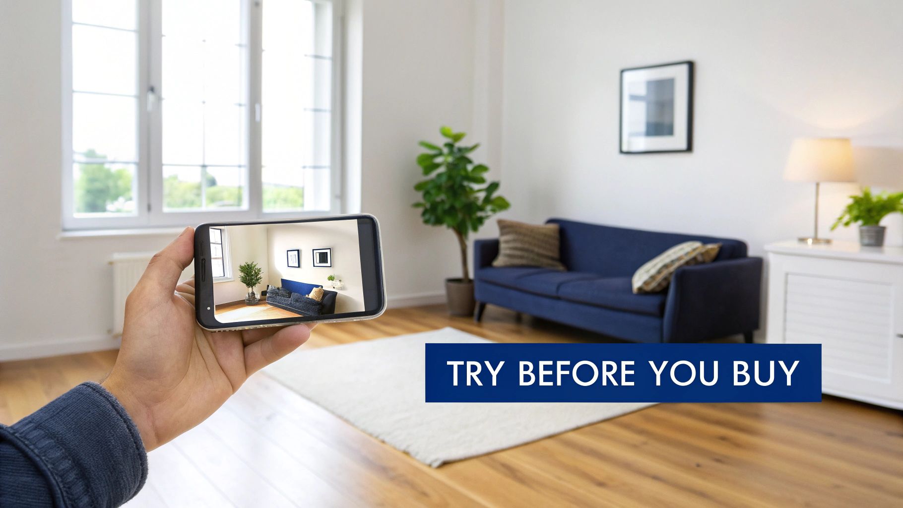 A person using a smartphone to virtually place furniture in their living room using augmented reality