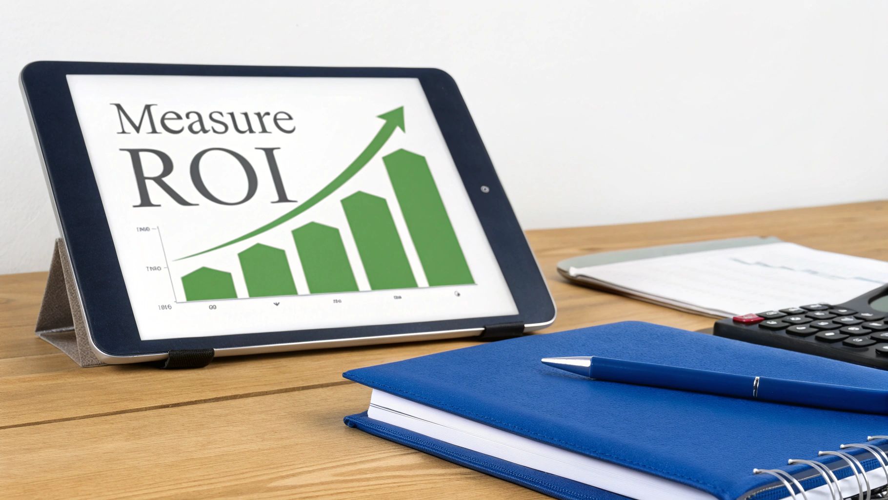 A professional reviews data on a tablet, with growth charts and financial symbols overlaid, visualizing ROI.