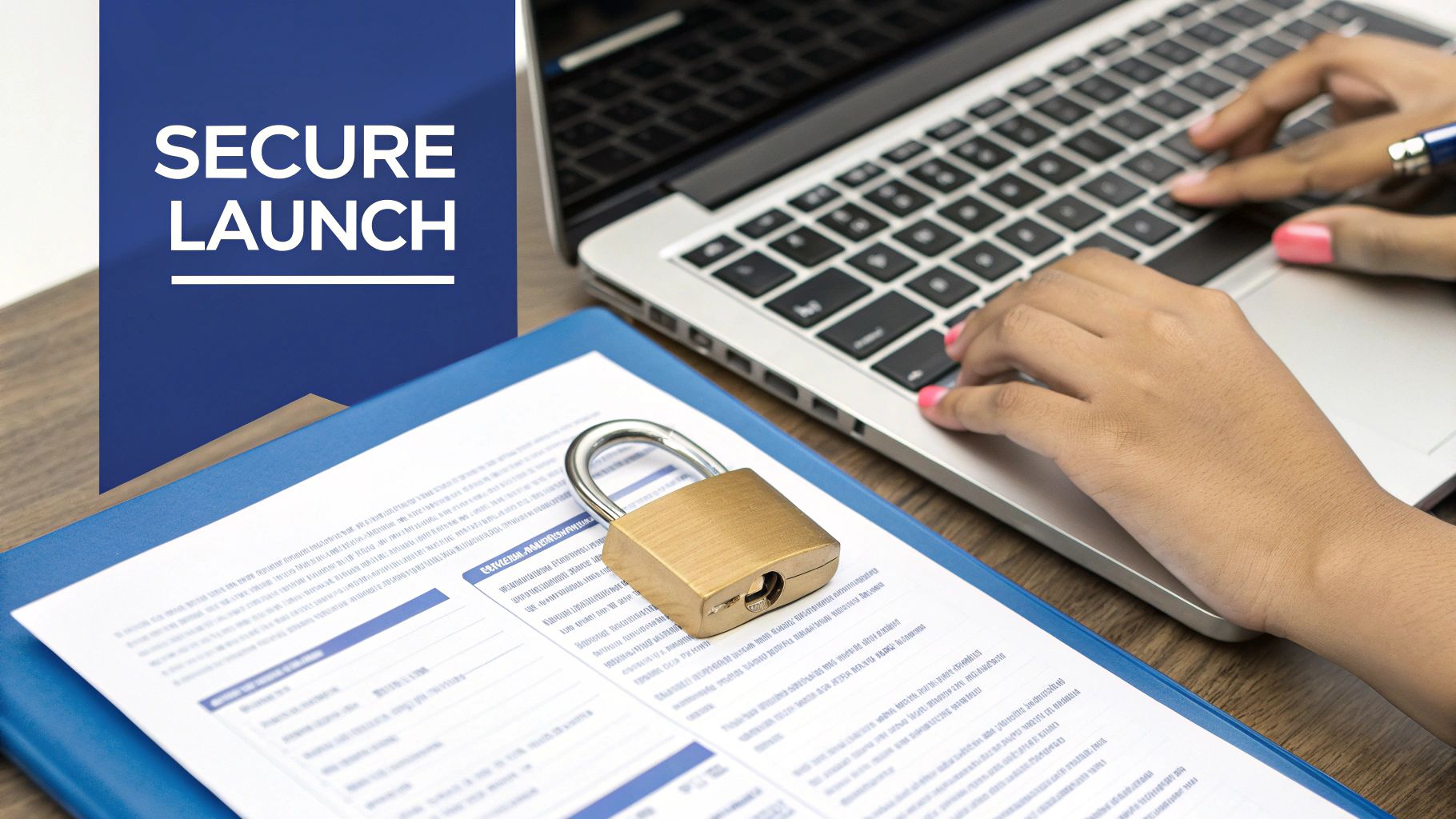 A person types on a laptop next to a document secured with a padlock, emphasizing a secure launch.