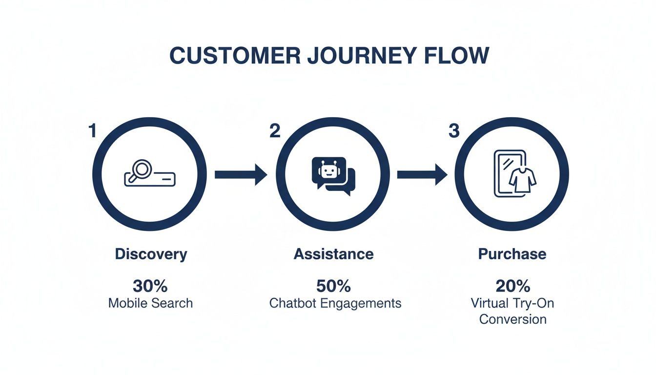 Flowchart detailing a three-stage customer journey: Discovery, Assistance, and Purchase with AI solutions.