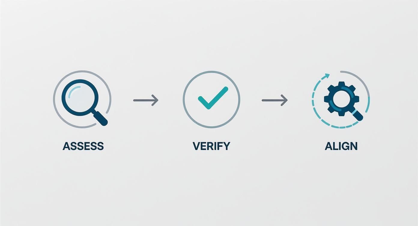 An infographic showing a three-step process for choosing a co-development partner with icons for Assess, Verify, and Align.