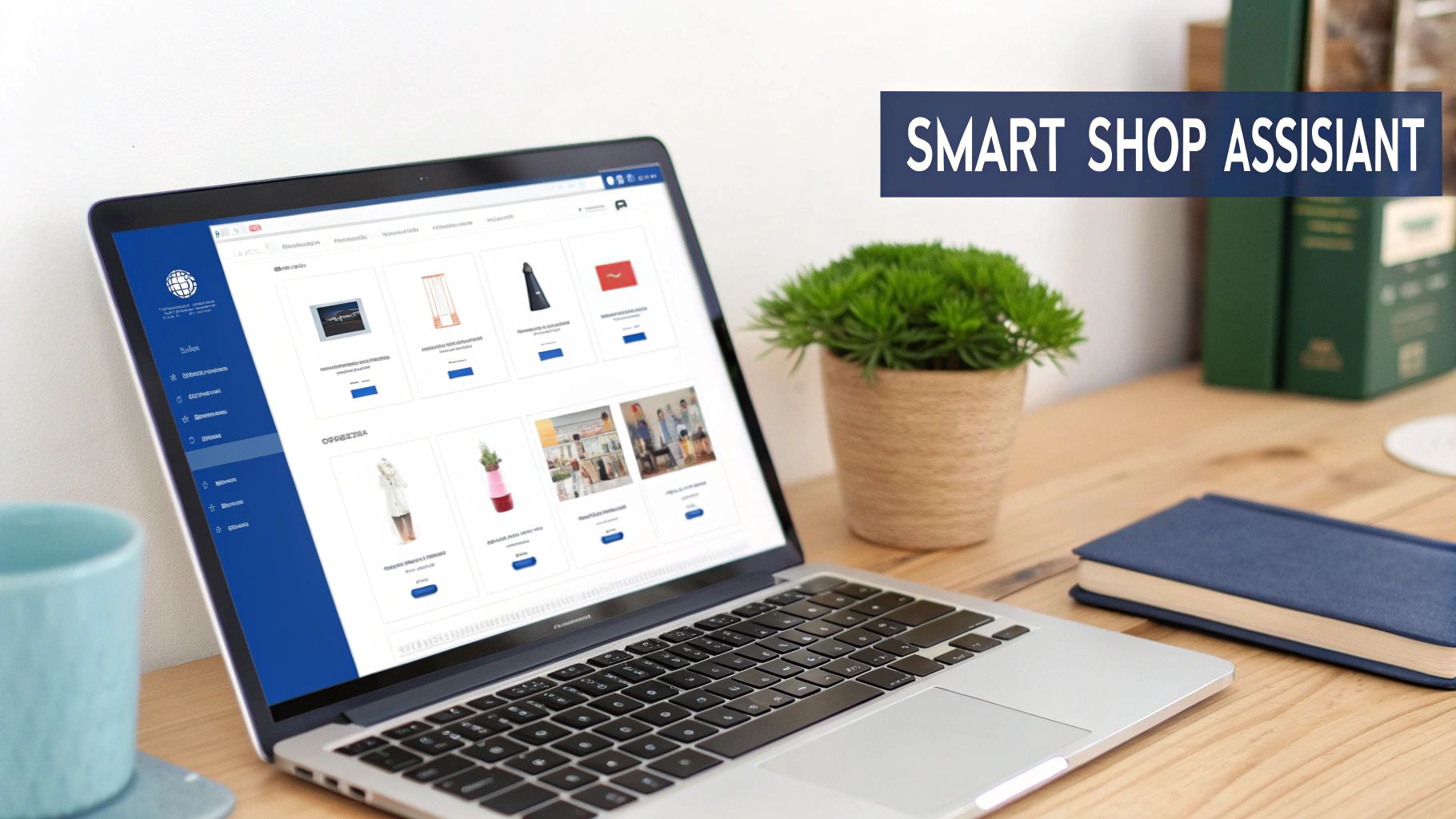 A laptop on a wooden desk displays an e-commerce website, surrounded by a potted plant and a notebook, with 'SMART SHOP ASSISIANT' text.