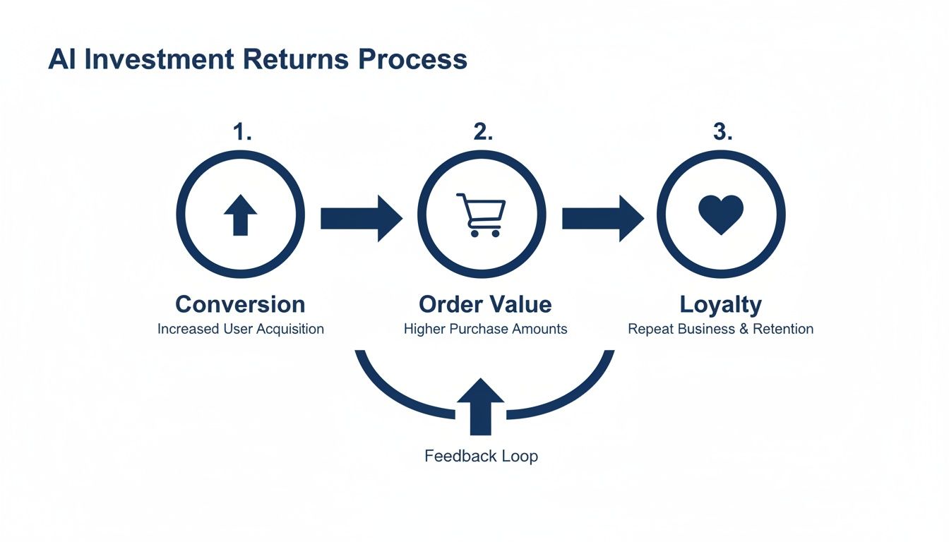 Diagram illustrating the AI investment returns process, showing conversion, order value, and loyalty stages with a feedback loop.