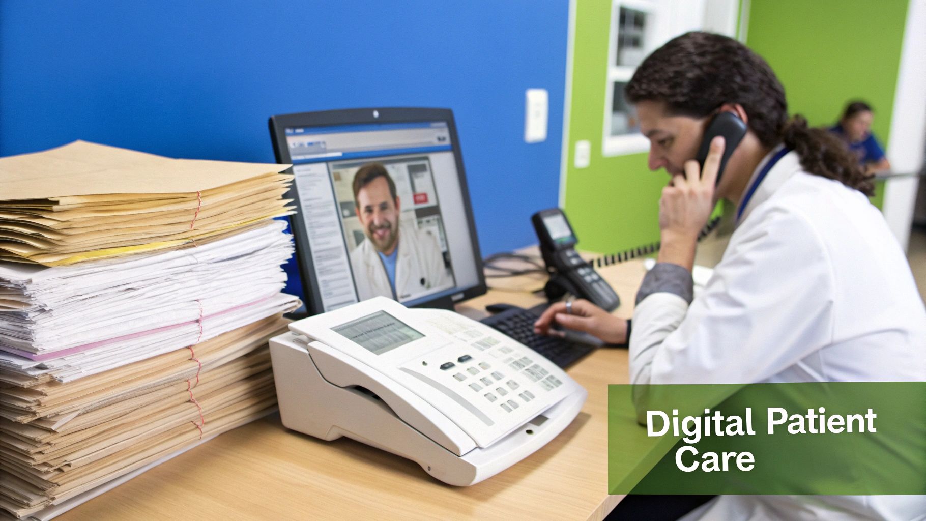 A healthcare professional uses a computer for a telehealth video call while on the phone, showing digital patient care.