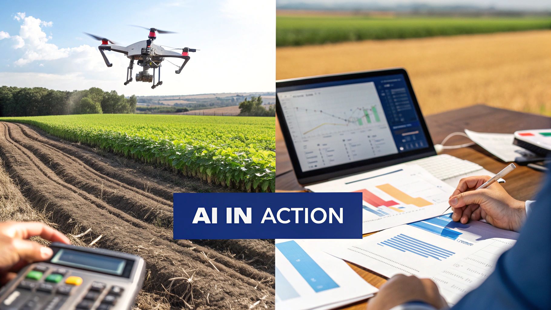 An image showing a diverse group of Canadian professionals in different industries—finance, tech, and agriculture—collaborating around a digital interface displaying AI analytics.