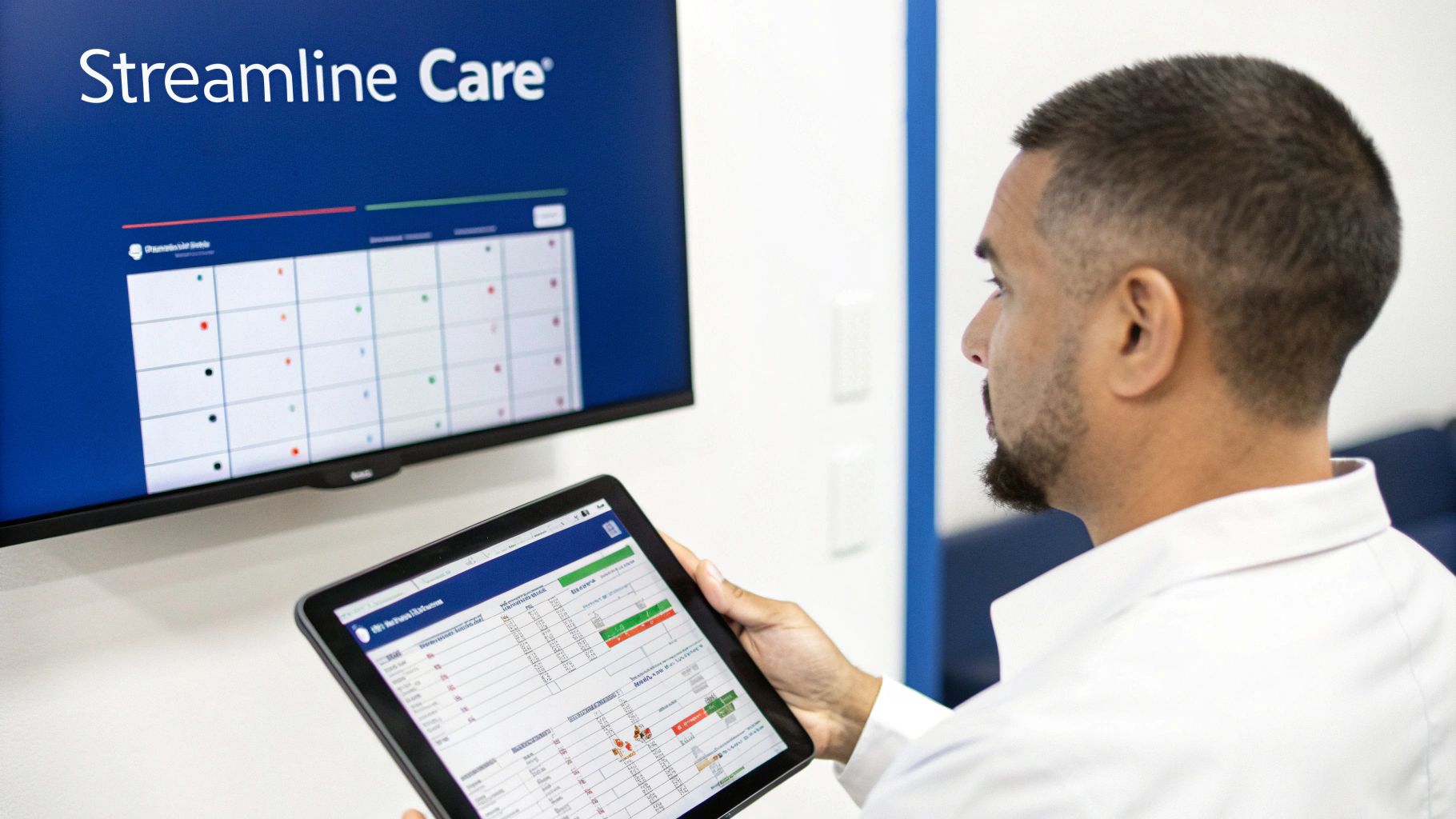 A healthcare professional reviews patient data on a tablet and a large screen displaying 'Streamline Care' for efficient management.