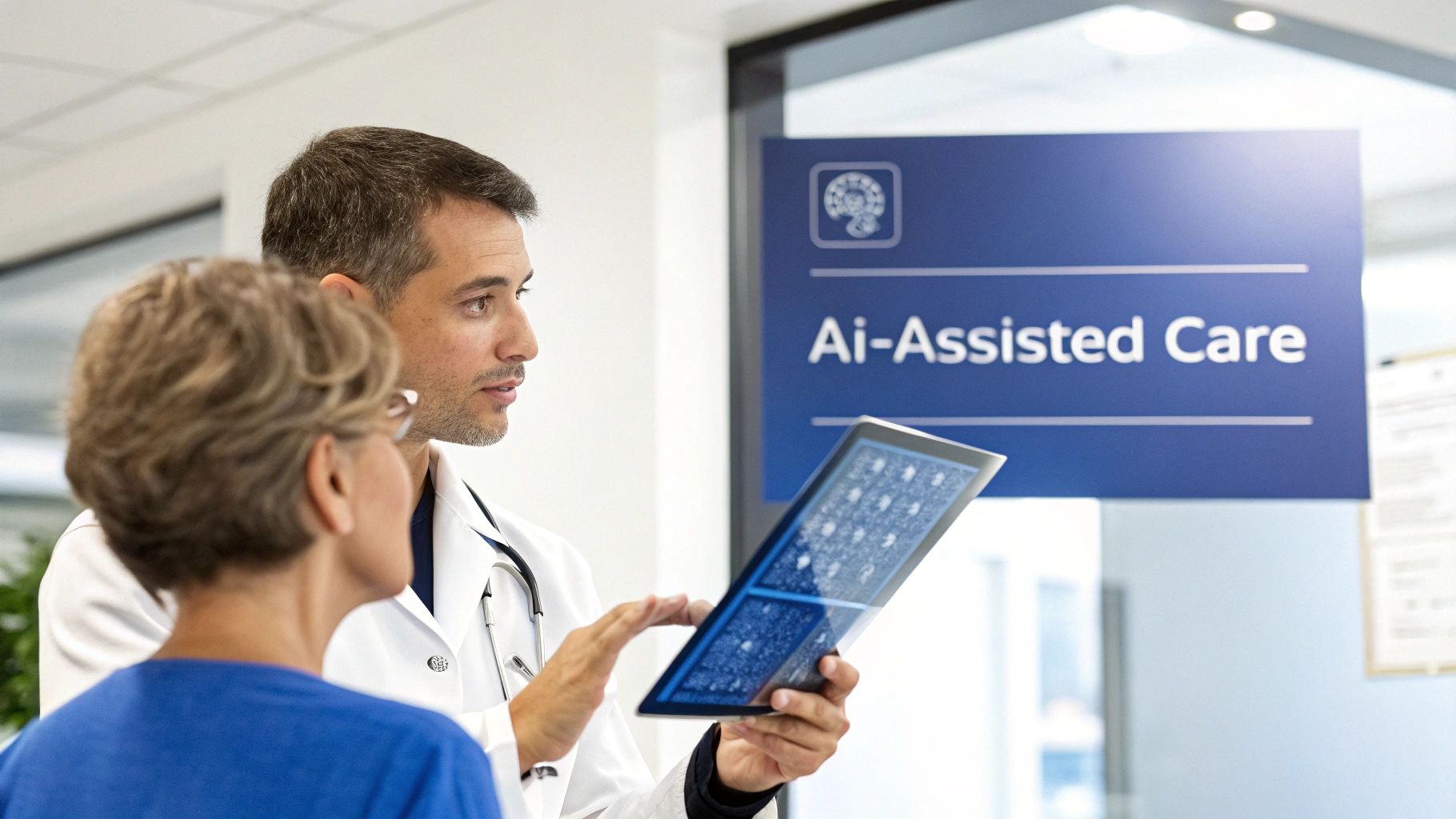 A male doctor discusses medical images on a tablet with a female patient, with an 'Ai-Assisted Care' sign in the background.