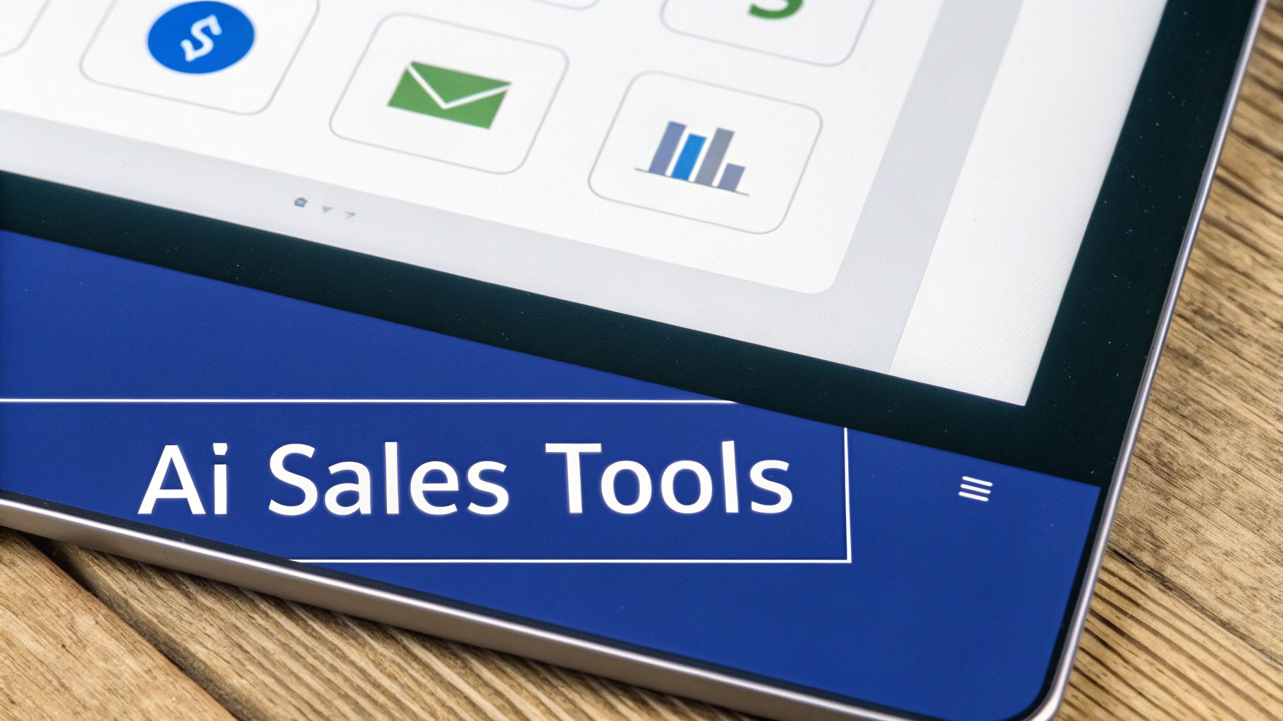 Close-up of a tablet screen displaying 'Ai Sales Tools' along with app icons on a wooden table.