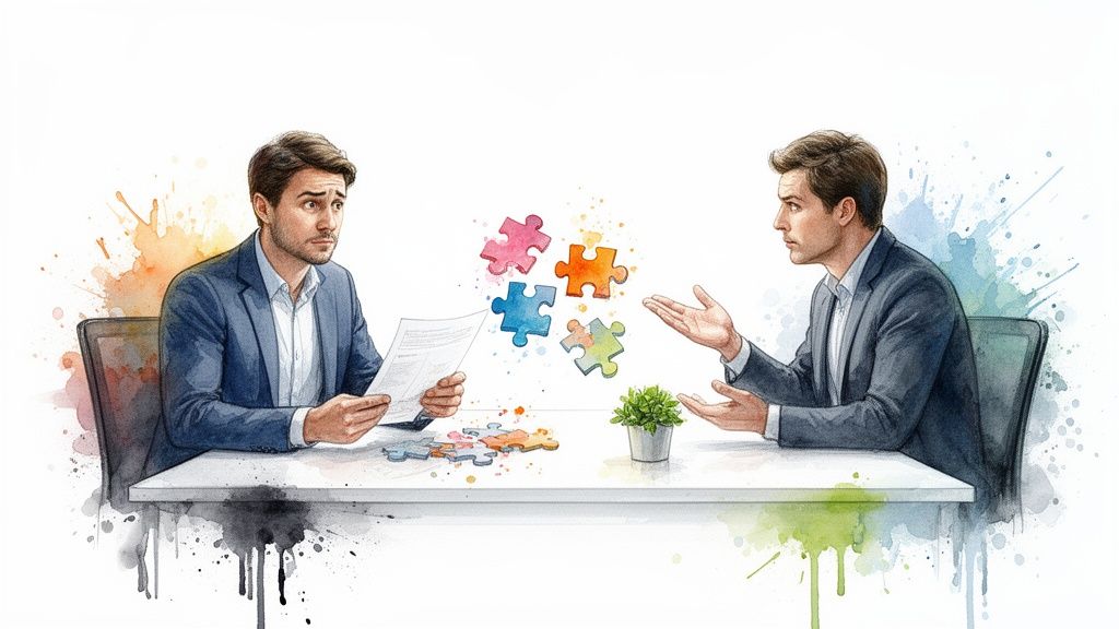 Due professionisti discutono al tavolo con pezzi di puzzle colorati, simbolo di strategia e integrazione.