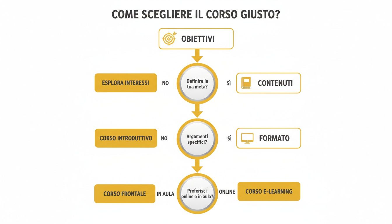 Diagramma di flusso che guida alla scelta del corso giusto, basato su obiettivi, interessi, argomenti e formato.