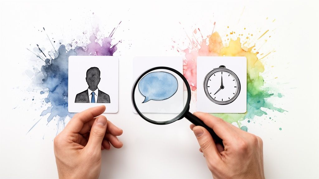 Due mani analizzano carte con icone di persona, comunicazione e tempo, su sfondo con schizzi colorati.