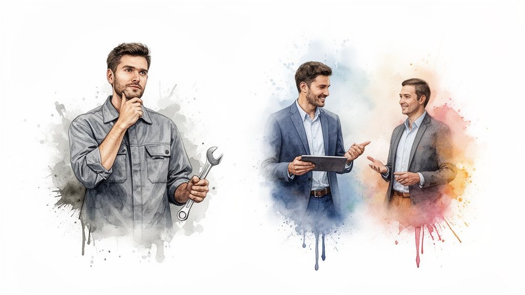 Uomo pensieroso in divisa da lavoro con chiave inglese e due uomini d'affari che discutono con un tablet in stile acquerello.