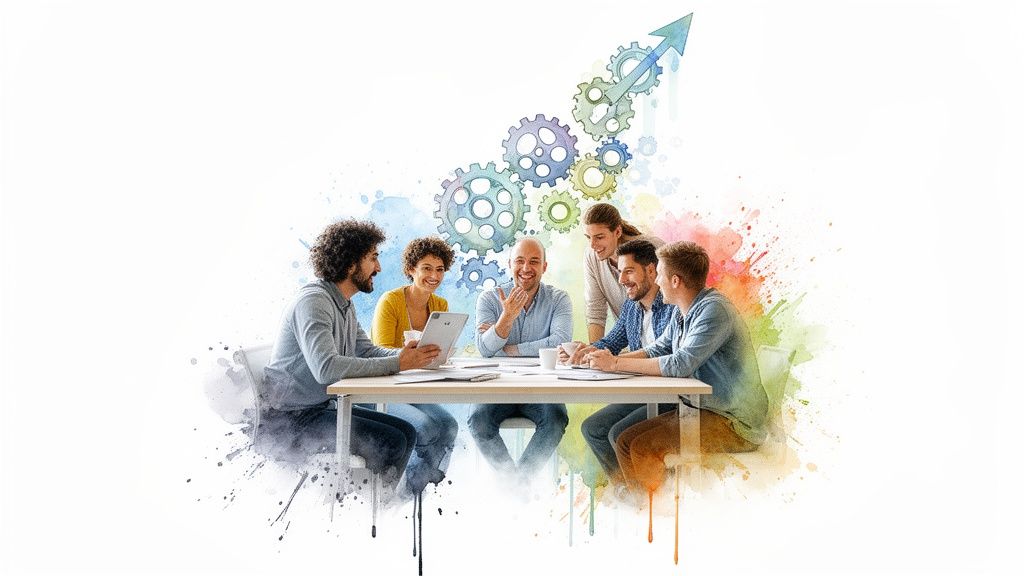 Un gruppo di persone sorridenti che collaborano a un tavolo, con ingranaggi ad acquerello e freccia di crescita sopra di loro.