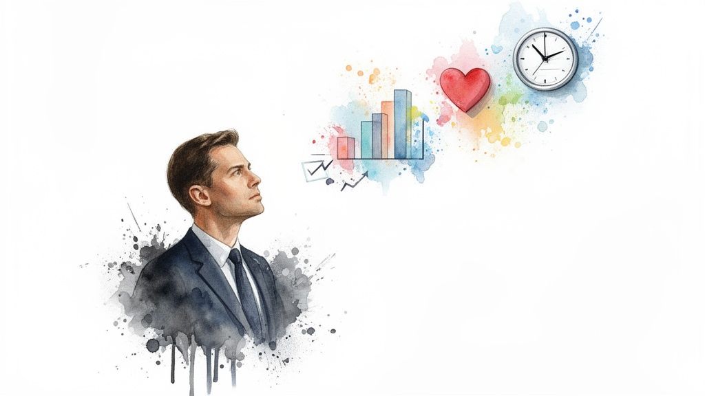 Uomo in stile acquerello guarda grafici, un cuore e un orologio, simboleggiando la ricerca di equilibrio tra vita e lavoro.