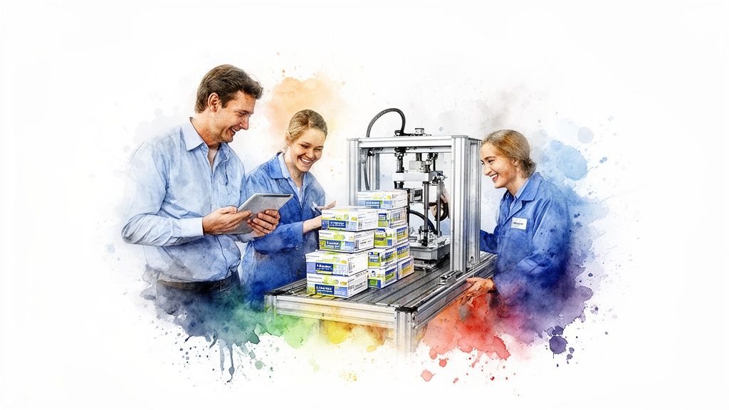 Tre persone sorridenti, un uomo e due donne in camice, osservano prodotti e un tablet vicino a una macchina industriale. Effetto acquerello.