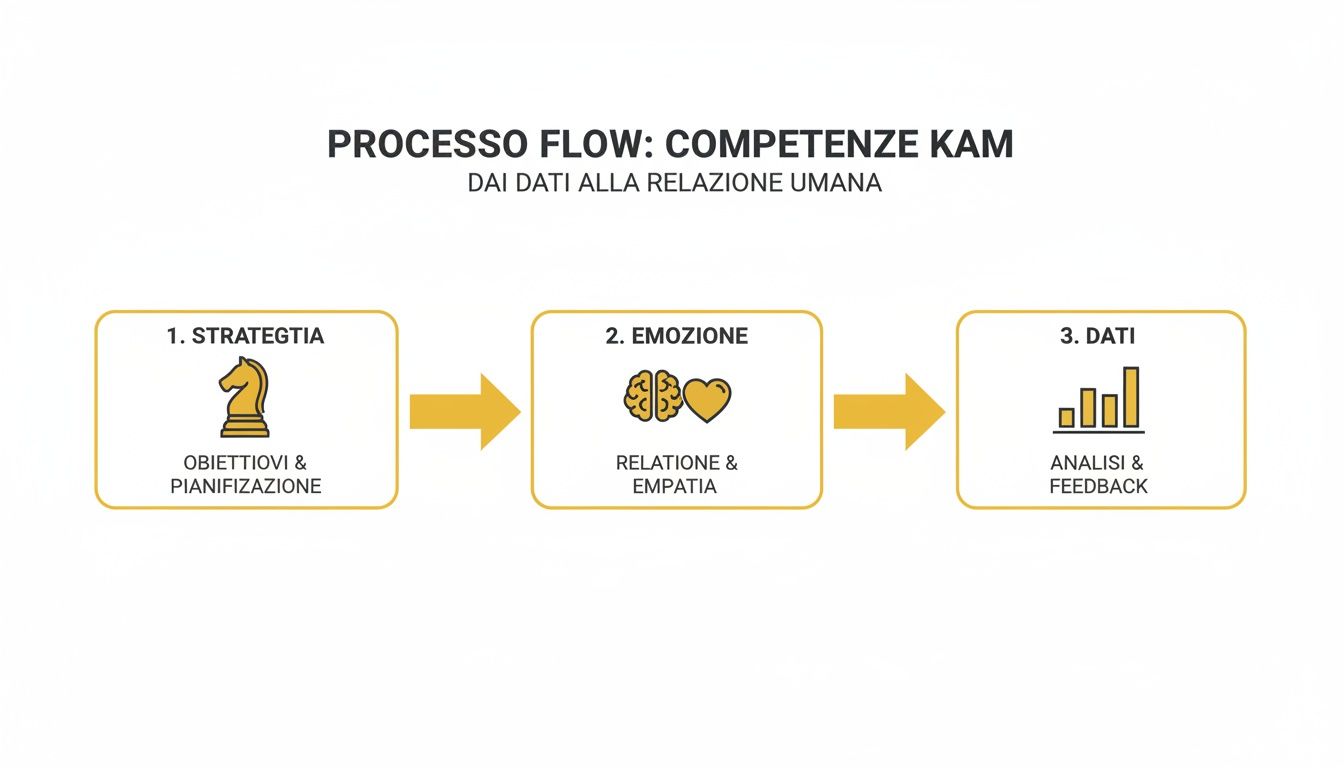 Schema del processo KAM: dalla strategia e pianificazione, passando per emozione e relazione, fino all'analisi dei dati.