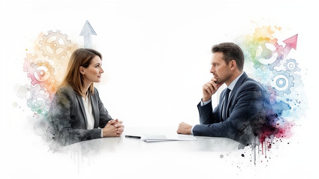 Due professionisti si confrontano a un tavolo, circondati da ingranaggi colorati e frecce ascendenti che simboleggiano crescita e idee.