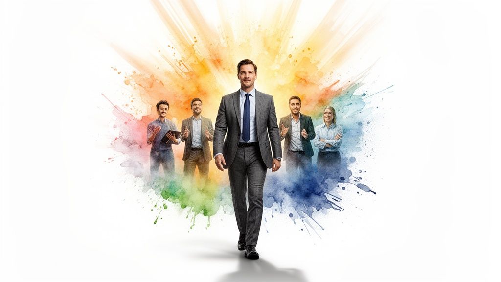 Un leader carismatico cammina in avanti, seguito da un team di colleghi sorridenti, su uno sfondo colorato.