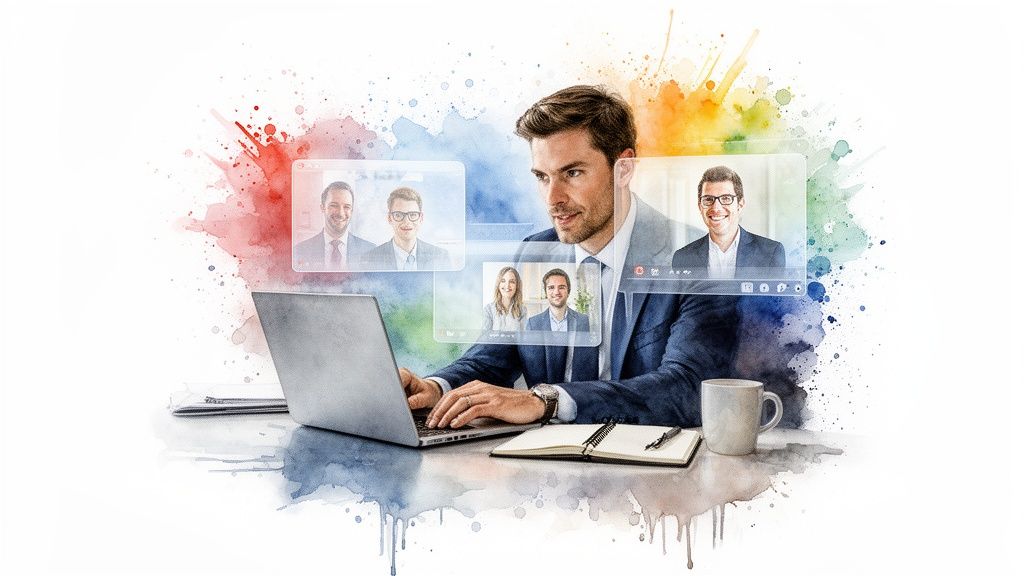 Uomo d'affari sorridente lavora al laptop, partecipando a una videochiamata con più colleghi su sfondo acquerello.