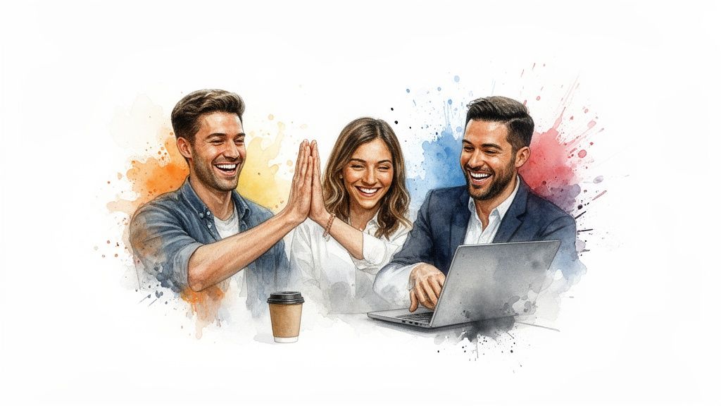 Tre colleghi felici si danno il cinque e lavorano, celebrando la collaborazione in stile acquerello.