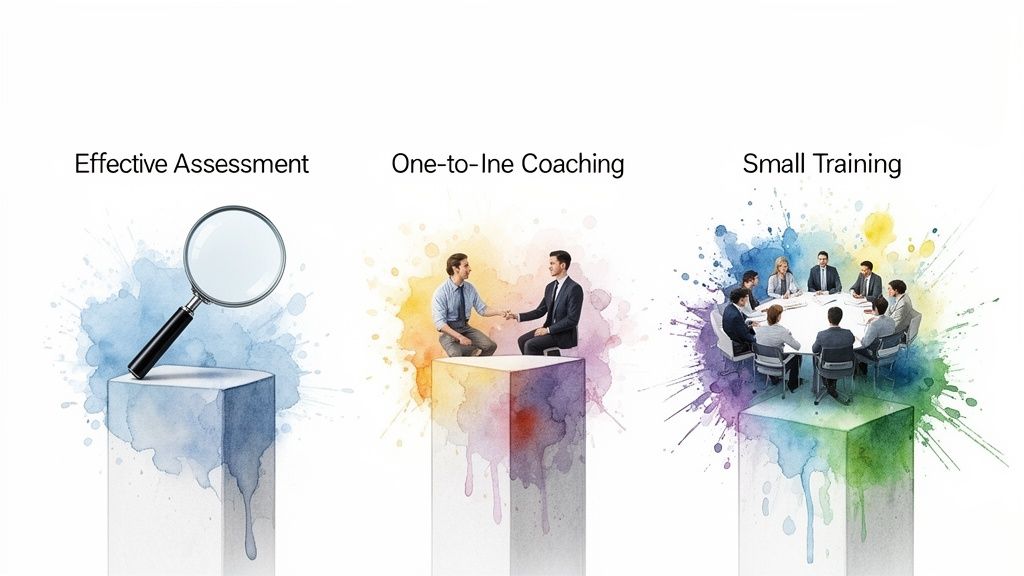 Illustrazione di servizi di consulenza: valutazione efficace con lente, coaching individuale con stretta di mano e piccola formazione di gruppo.