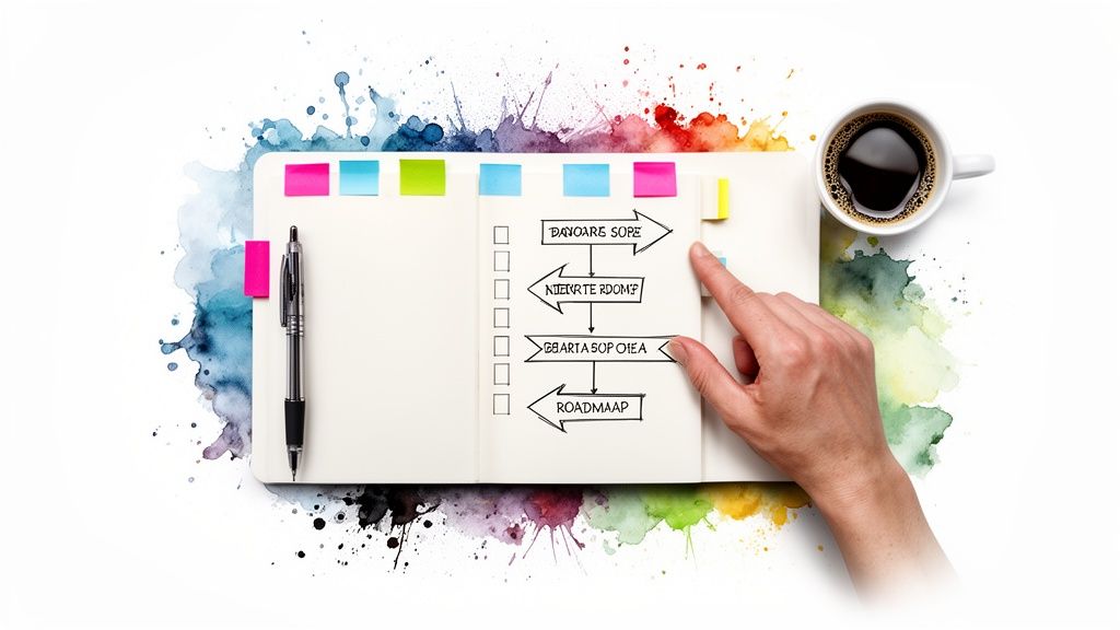 Agenda aperta con un diagramma di flusso, penna, post-it colorati, una mano e tazza di caffè, su sfondo acquerello.