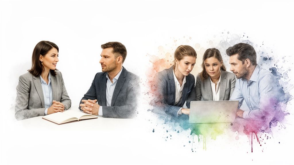 Professionisti in consulenza e team al lavoro con un laptop, con effetti acquerello colorati.