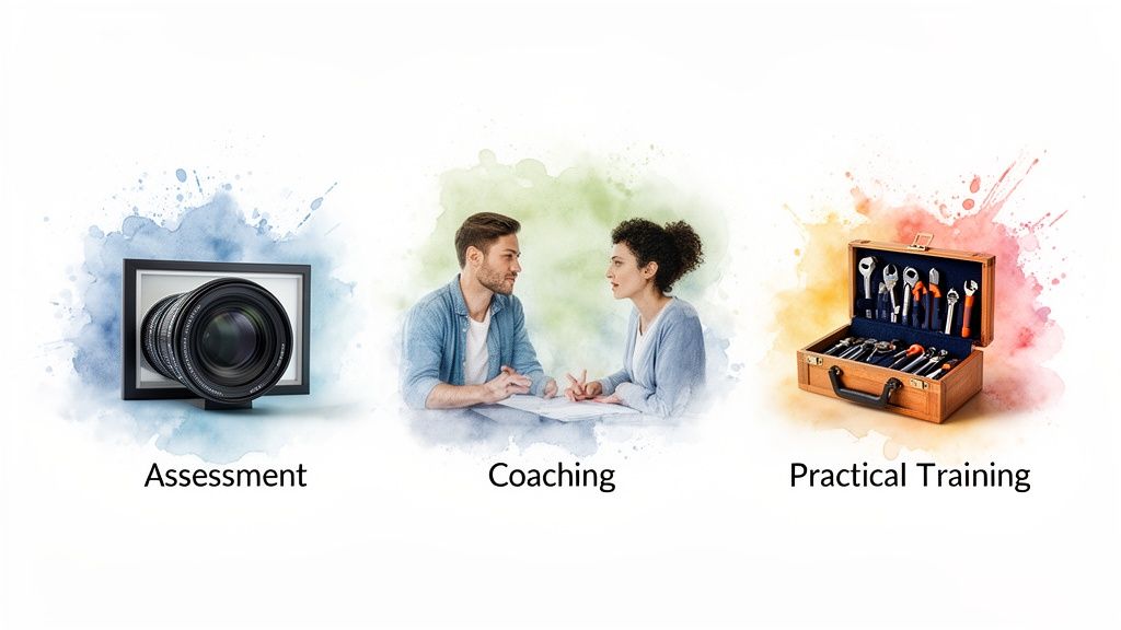 Tre sezioni con acquerelli: lente fotografica per valutazione, persone per coaching, cassetta attrezzi per formazione pratica.