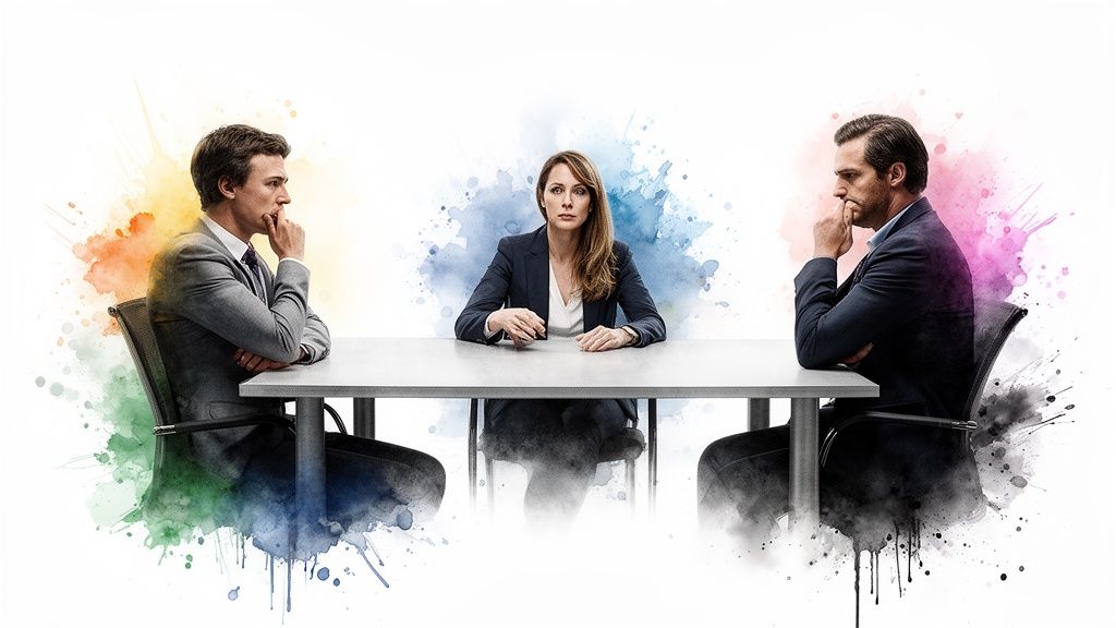 Tre persone al tavolo, due uomini pensierosi e una donna al centro, con sfumature acquerello colorate.