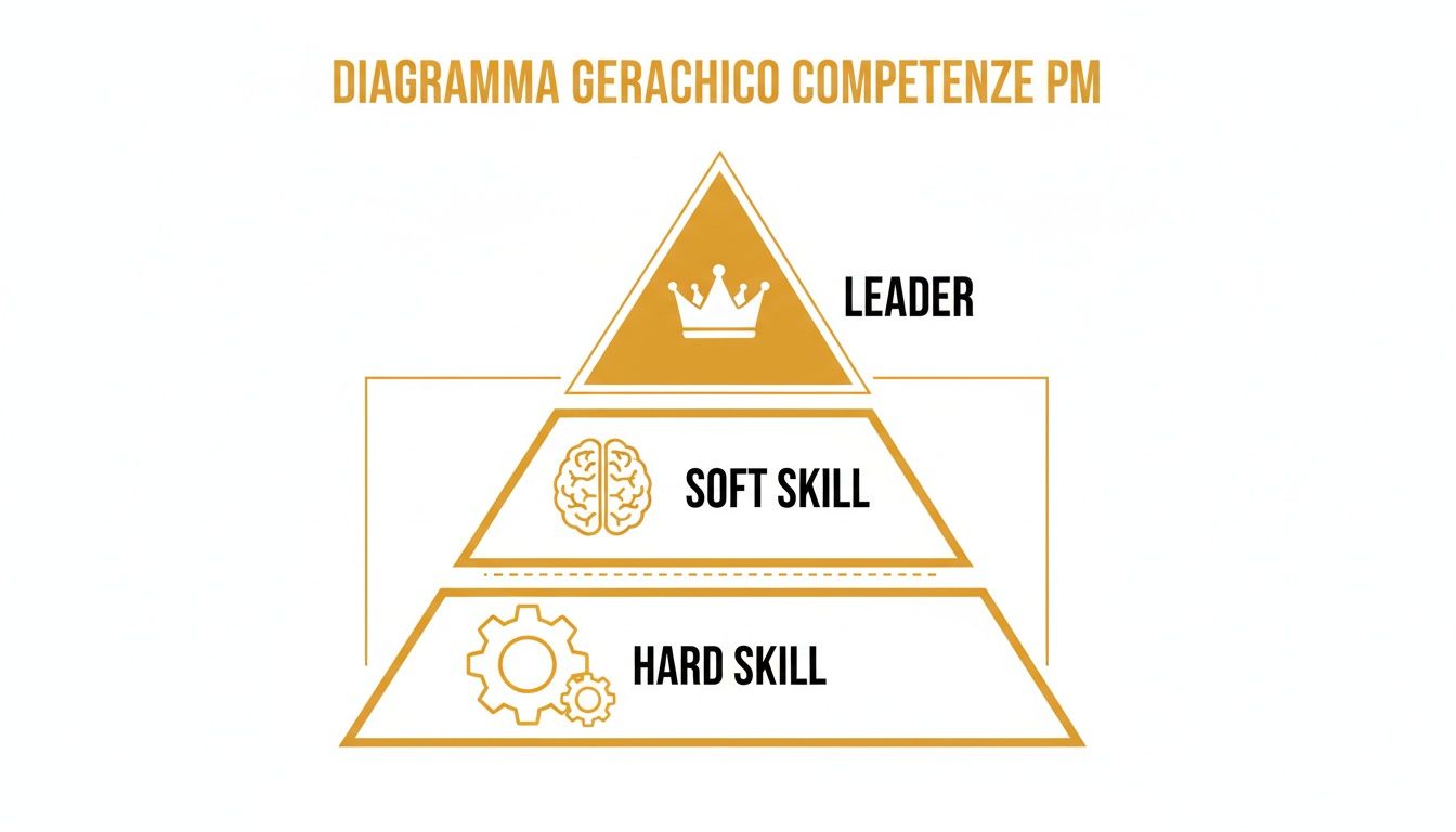 Diagramma a piramide che illustra le competenze gerarchiche di un Project Manager: Leader, Soft Skill e Hard Skill.