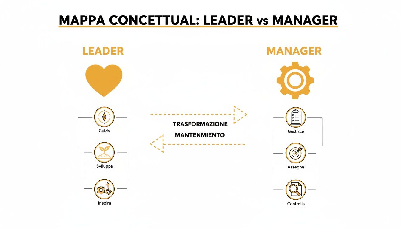 Mappa concettuale che confronta le caratteristiche di leader e manager, evidenziando trasformazione e mantenimento.