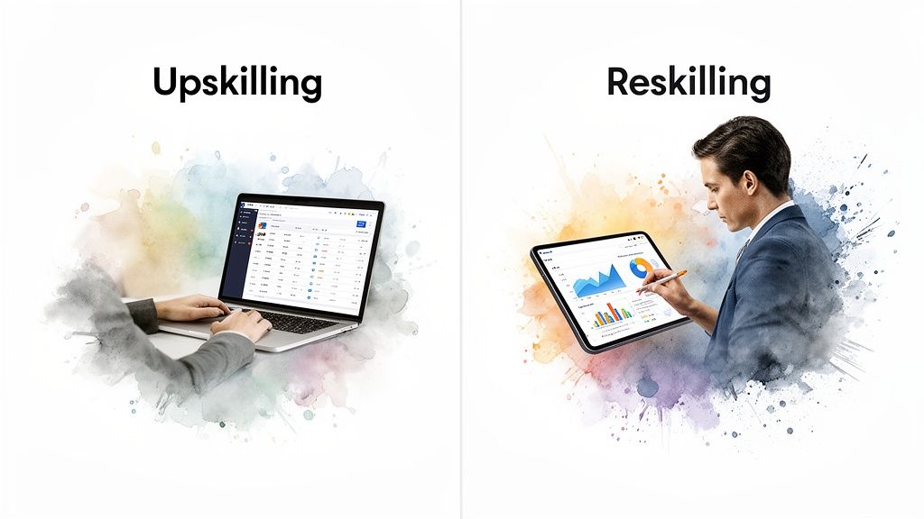 Due scene con acquerelli: una persona usa un laptop per l'upskilling, un uomo usa un tablet per il reskilling.