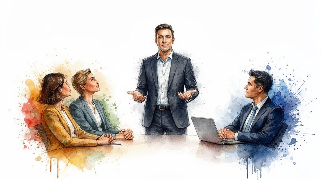 Un uomo presenta a tre colleghi attenti durante una riunione di lavoro, in stile acquerello.