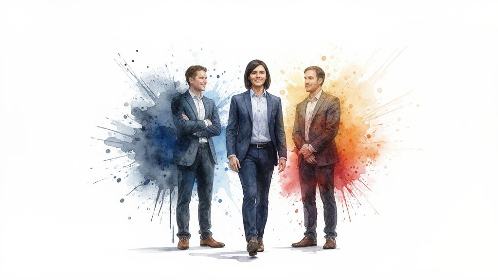 Tre professionisti in abiti eleganti su sfondo acquerellato, colori vivaci, rappresentano un team dinamico e moderno.